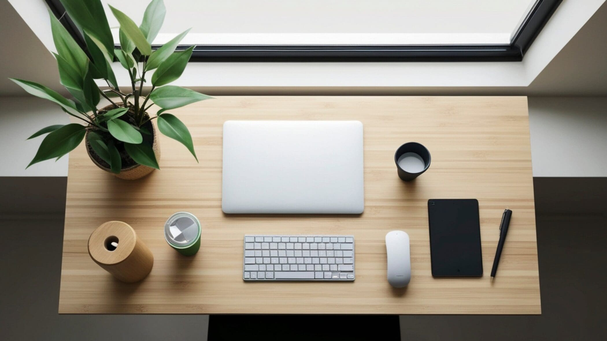 Image shows a downward view of a desk with a plant, closed laptop, and represents calm.