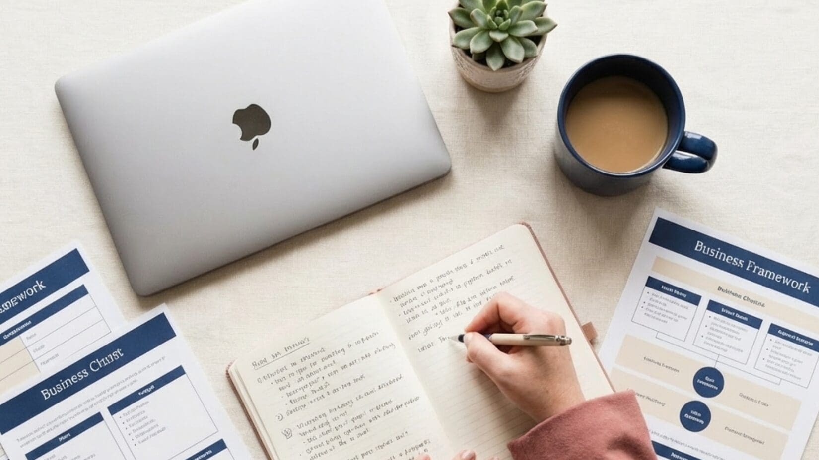 photo shows person writing in a notebook with documents and a laptop scattered on desk.